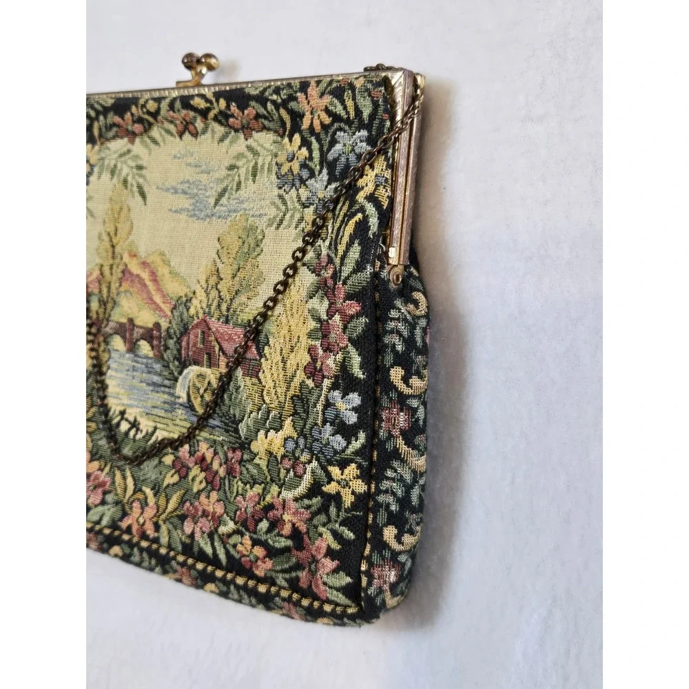 Vintage Made in France Tapestry Floral Landscape Kiss Lock Evening Bag Clutch